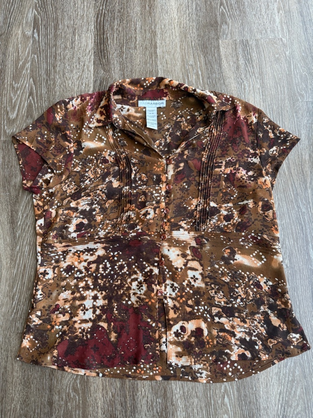 Brown and Tan Abstract Print Short Sleeve Blouse